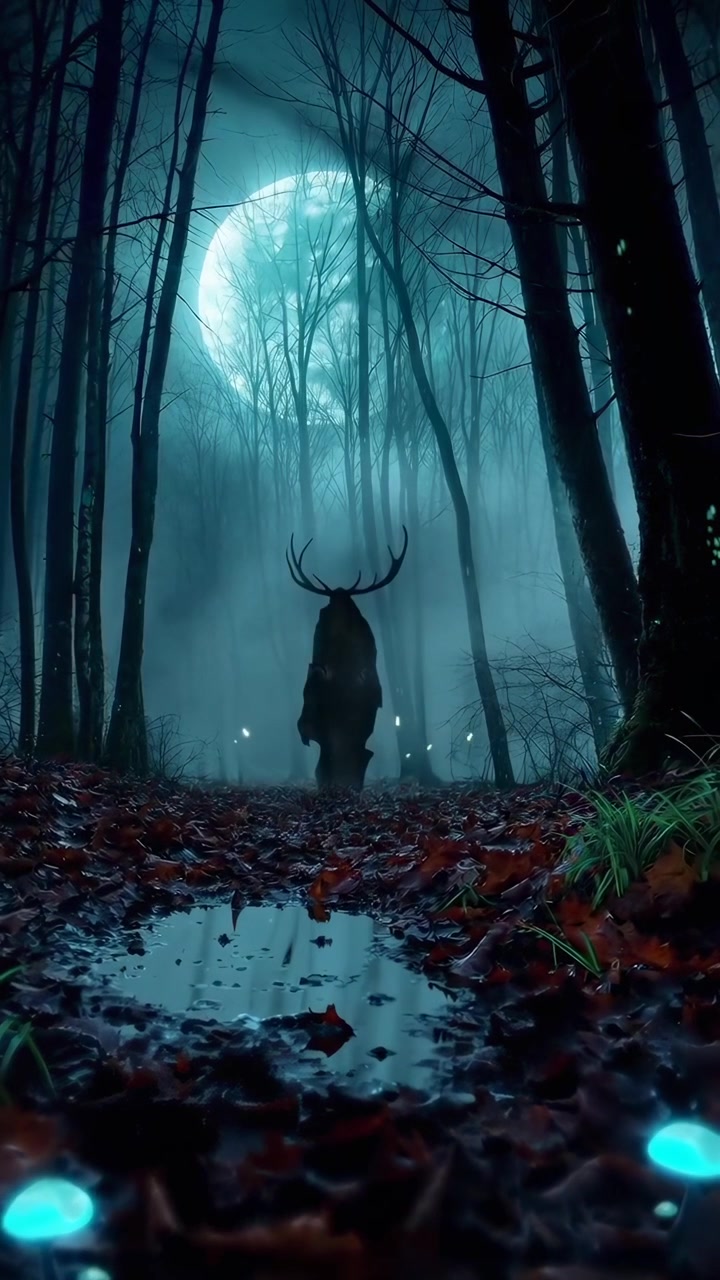 Misteriosa Creatura con Palchi in una Foresta Nebbiosa di Notte con Funghi Luminosi