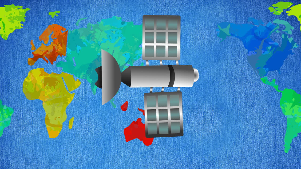 animación de un bebé en un satélite volando sobre un mapa del mundo multicolor