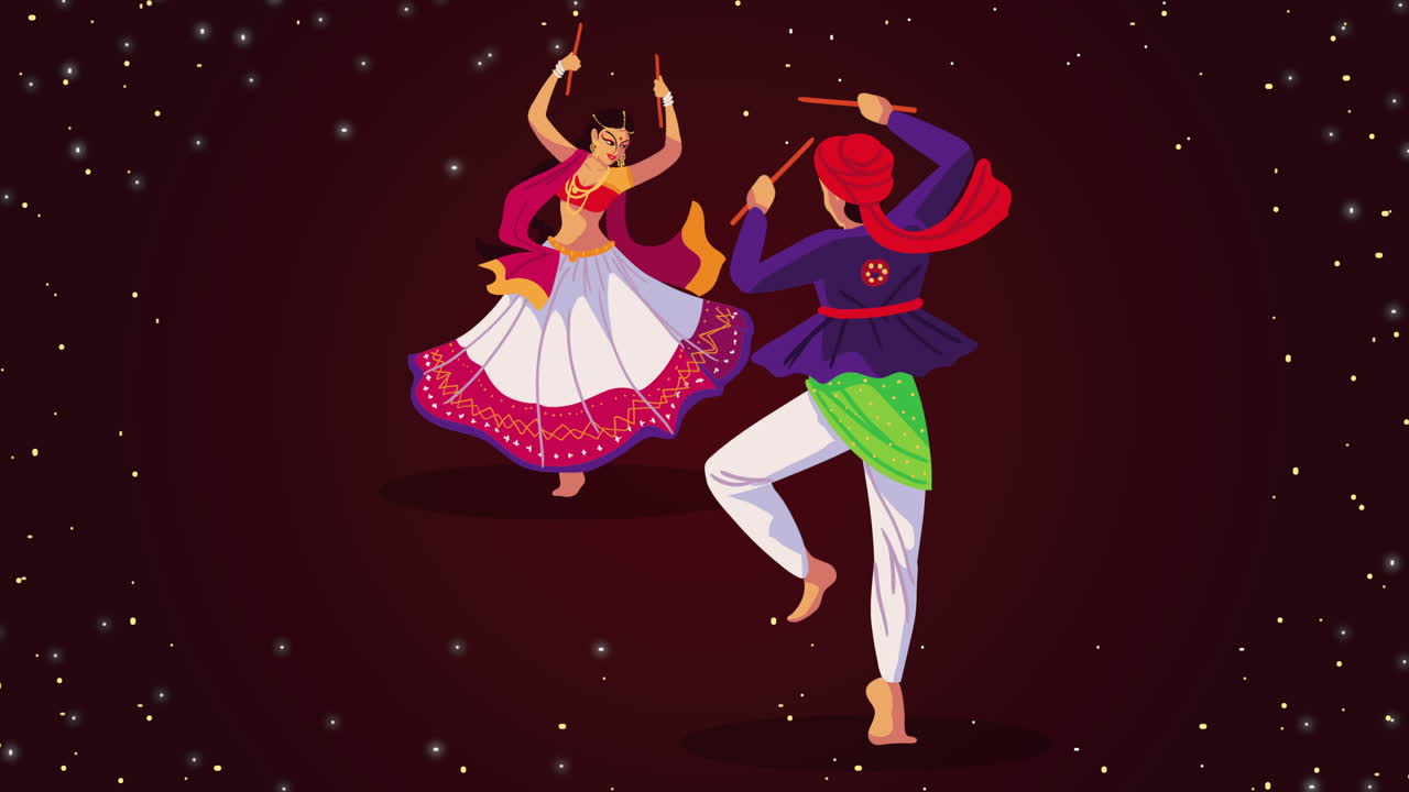 feliz animación de navratri con la pareja de bailarines