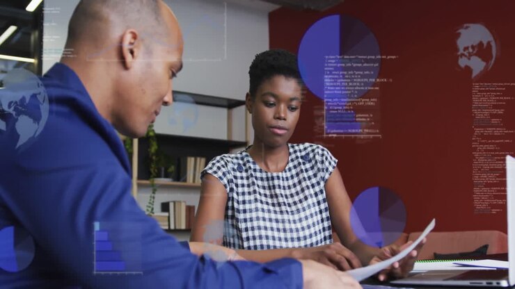 Animation of data processing over diverse male and female colleague talking at meeting in office