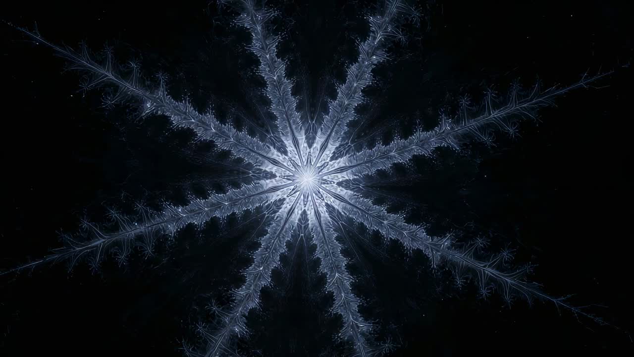 Expanding crystal star growing outward as frames advance in black field, revealing feathery spokes