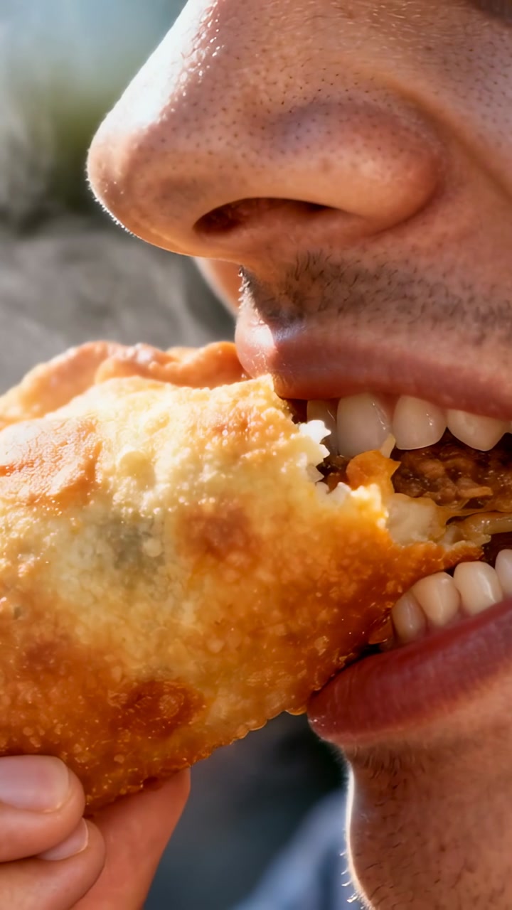 Vertical video: Steam rising, man biting pastry at park to eat, revealing meat, cheese, dark sleeve