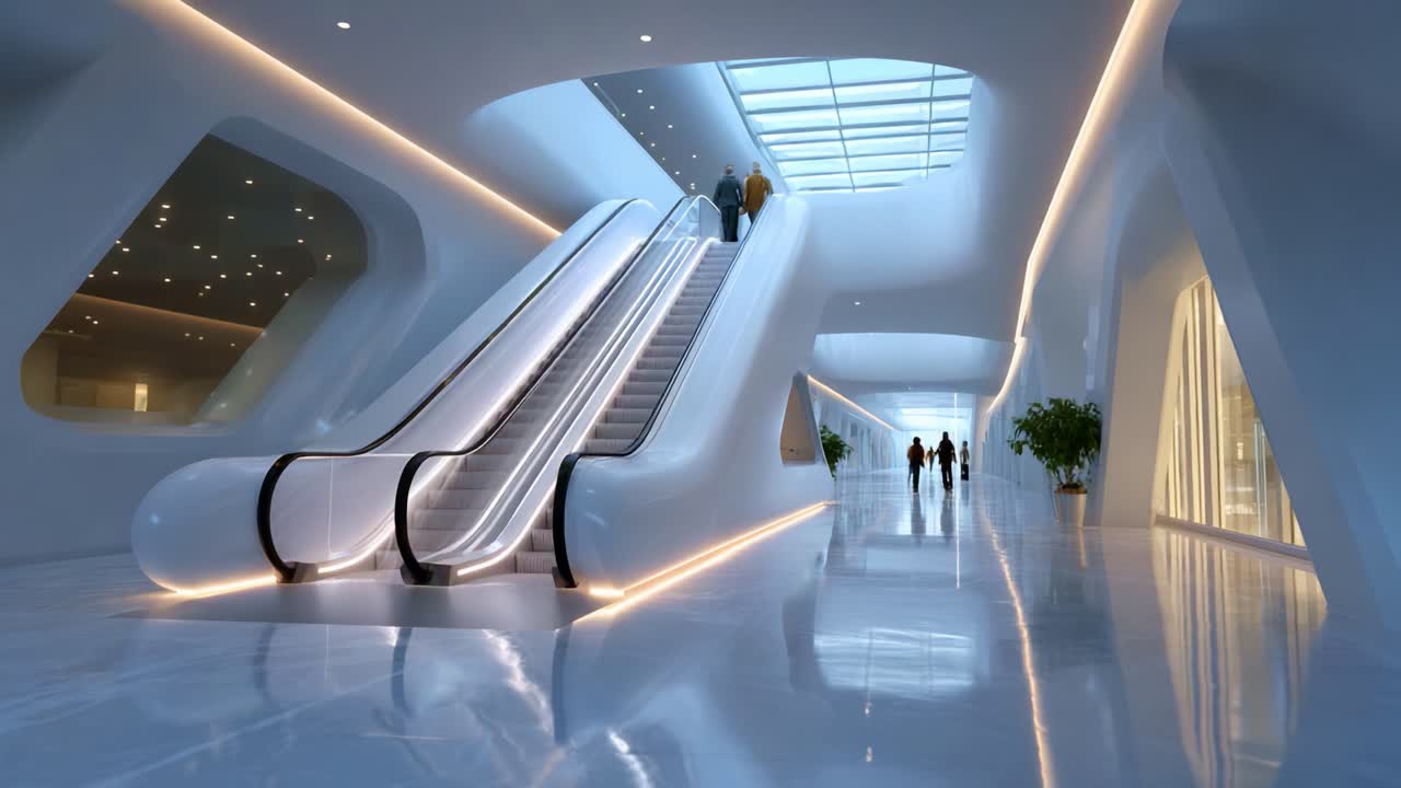 A Modern Architectural Showcase of Futuristic Escalators in a Sleek, Brightly Lit Space Featuring Minimalistic Design Elements and Inviting Atmosphere for Visitors to Explore and Experience