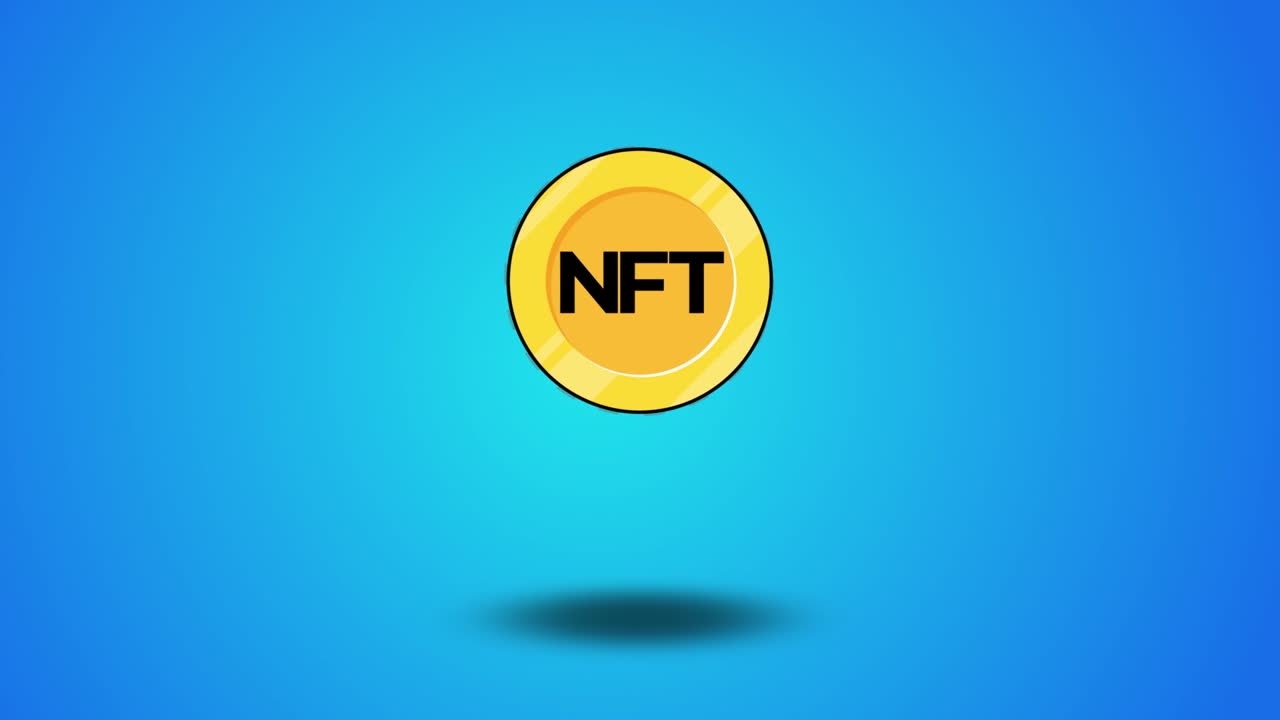 스피닝 nft 골드 코인 애니메이션, 블루 배경, 글리치 효과, 암호화폐 및 블록체인 개념, 4k