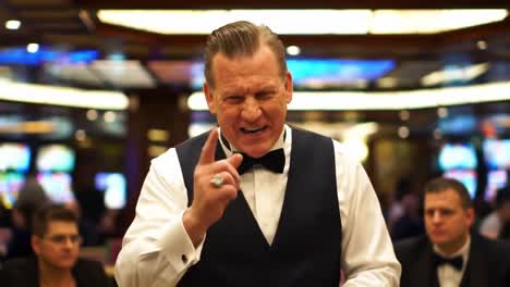 a casino croupier engaging players with enthusiastic gestures while managing a game in a glamorous gambling environment