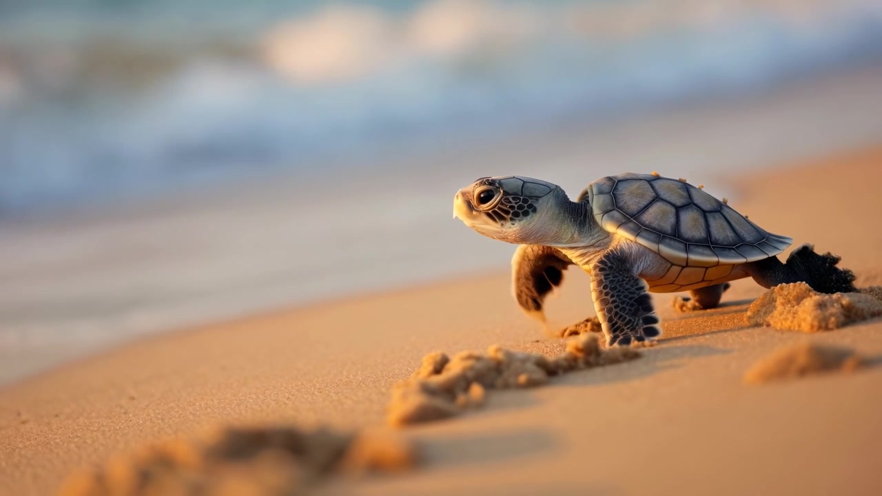 Baby Sea Turtle Crawling on Sandy Beach Toward Ocean