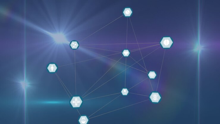 Network of digital icons against spot of light and lens flare on blue background