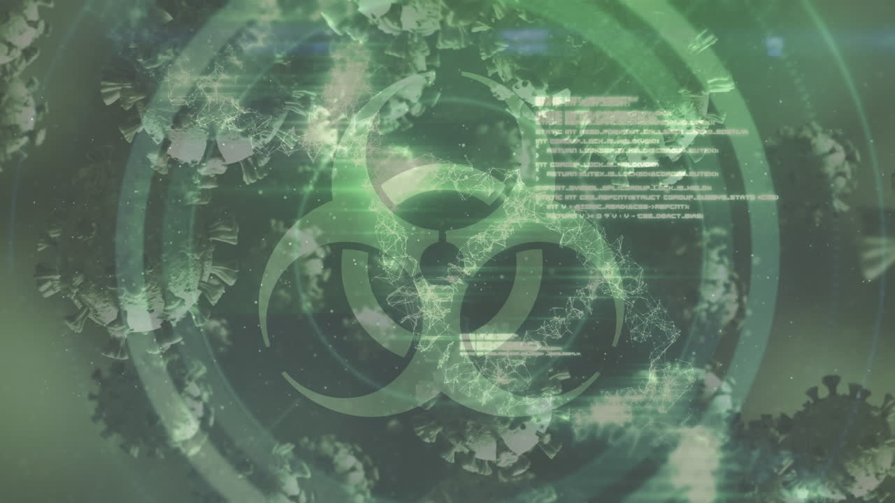 바이러스 세포 위의 생물학적 위험 기호의 애니메이션