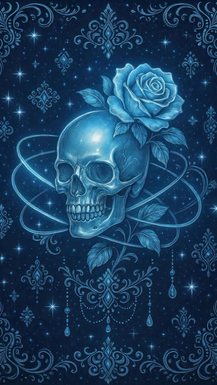Teschio blu mistico con rosa e stelle luminose su sfondo ornato