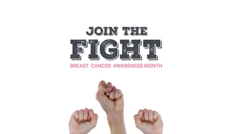 animation of breast cancer text over raised fists