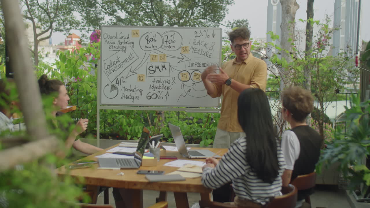 Business meeting with social media strategy presentation