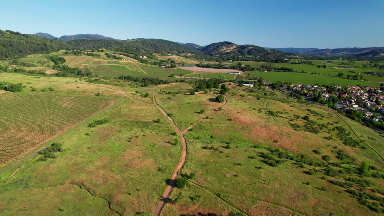 Napa Valley, California. Aerial panoramic shot of a vibrant green trail near a vineyard and rolling hills on the outskirts of the town.