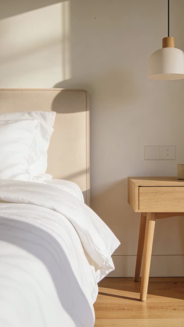 Video verticale: Luce della finestra che si muove sulla testiera e sul piumone, segnando l'inizio del mattino in camera da letto.