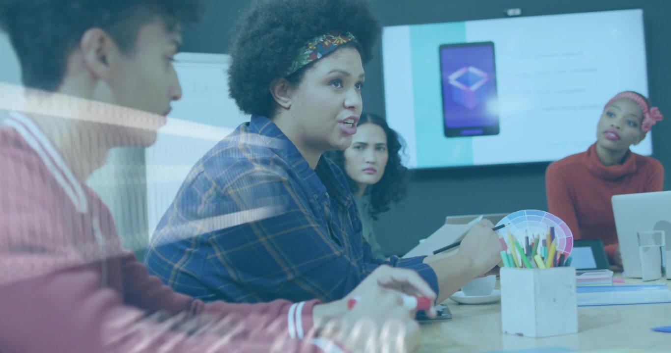 Center woman starting to speak showing app, gesturing, tech overlays aligning with hands, fading
