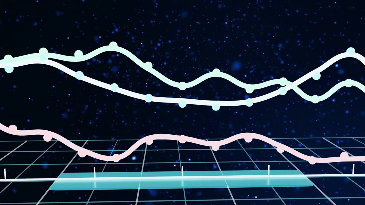 Camera moving closer, data viz animating two pastel wavy lines tracing nodes, visualizing trends