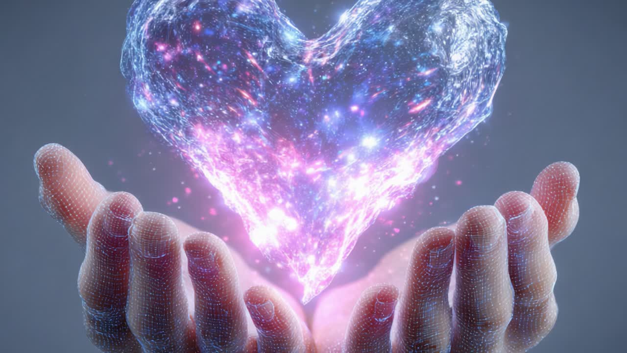 A Vibrant Heart of Light: Capturing the Essence of Emotion with Luminous Energy in Outstretched Hands for a Cosmic Connection