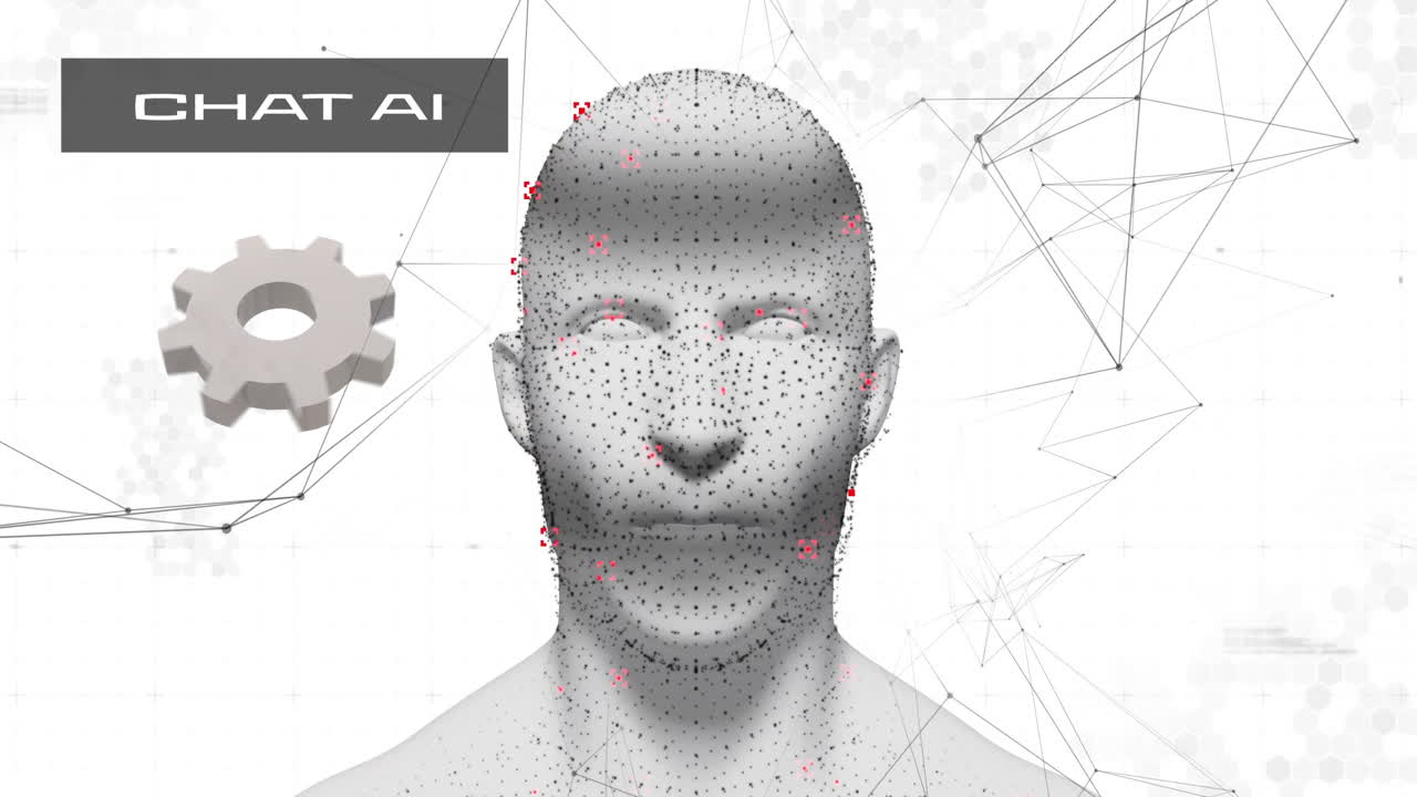 animación de chat ai texto y engranaje sobre humano digital con conexiones