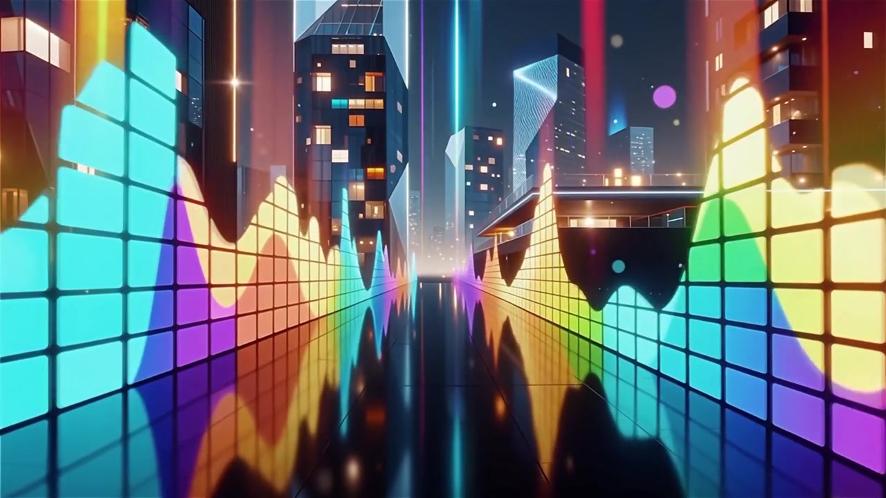 Fundo Futurista com Visualizador de Equalizador de Música Neon Arco-Íris.