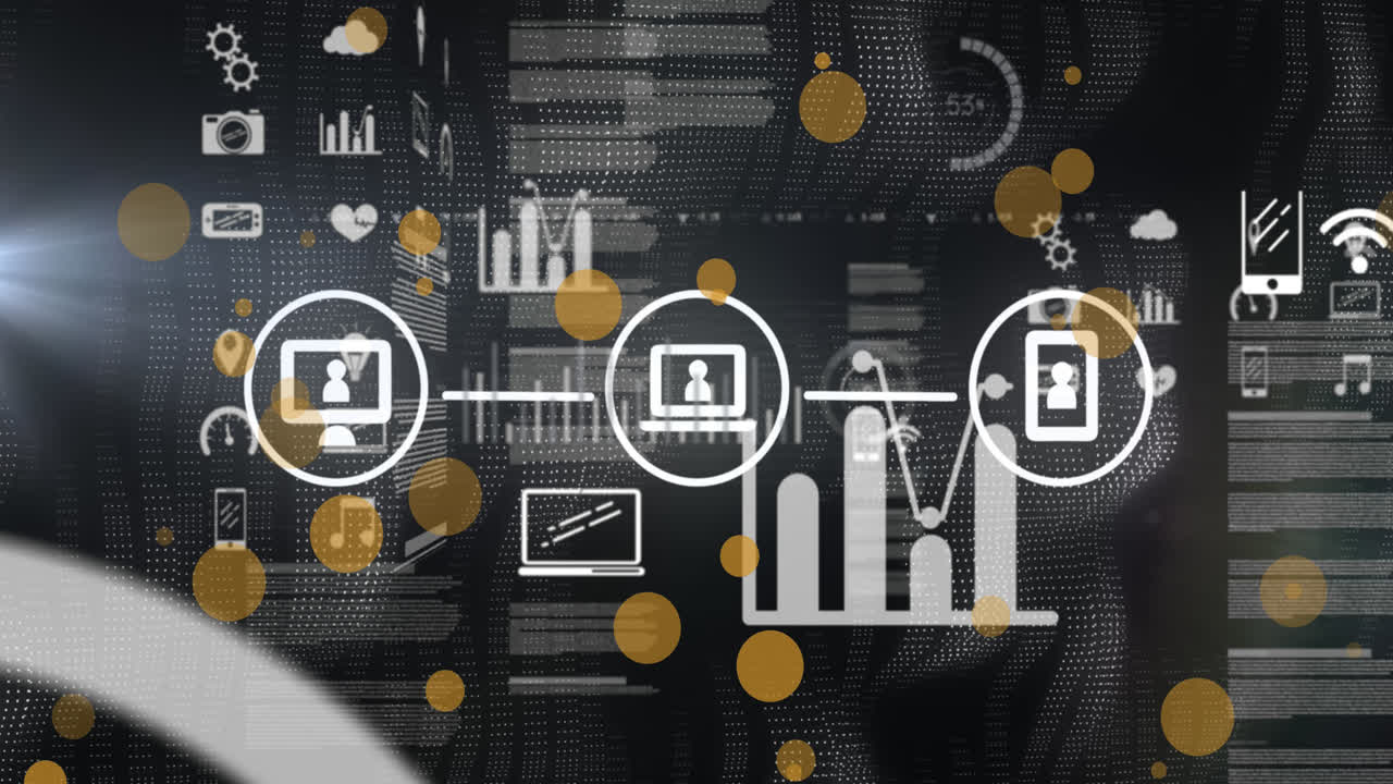 Animation of graphs and diverse data processing on navy black screen