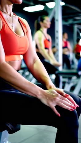 a woman is sitting on a bench in a gym with other people