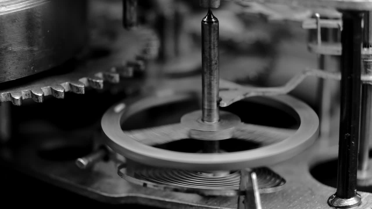 Old vintage watch mechanism working macro black and white 4K
