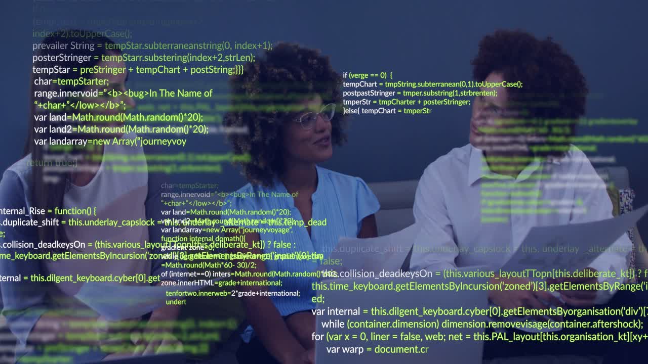 Une femme au centre lance une démonstration, une équipe commerciale examine des documents sur ordinateur portable, tandis qu'une superposition de code masque les visages