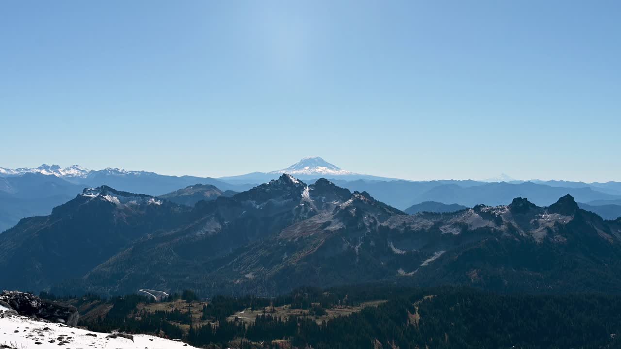 Mount Rainier National Park, capturing snow-dusted peaks under clear skies