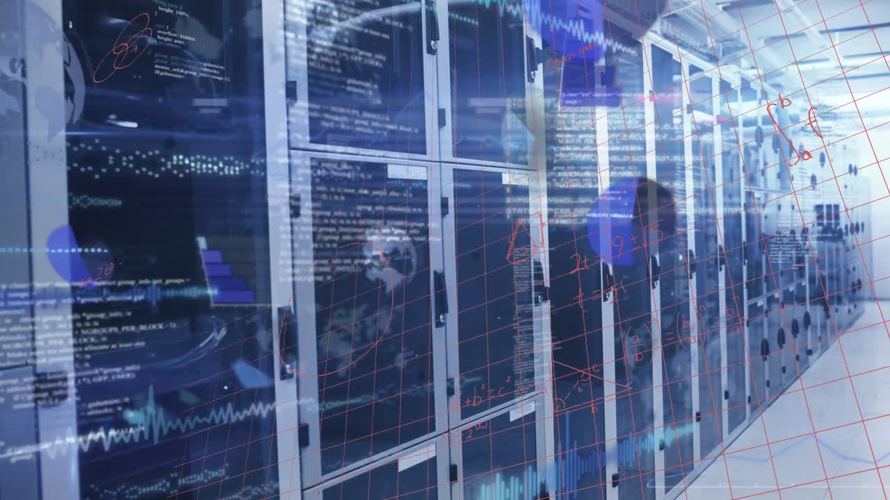 Animation of data processing and mathematical equations against computer server room