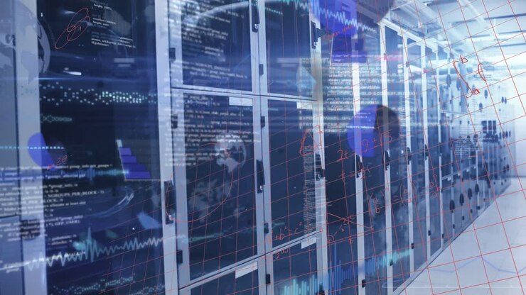 Animation of data processing and mathematical equations against computer server room