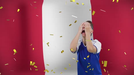 animation of biracial female soccer player over flag of peru