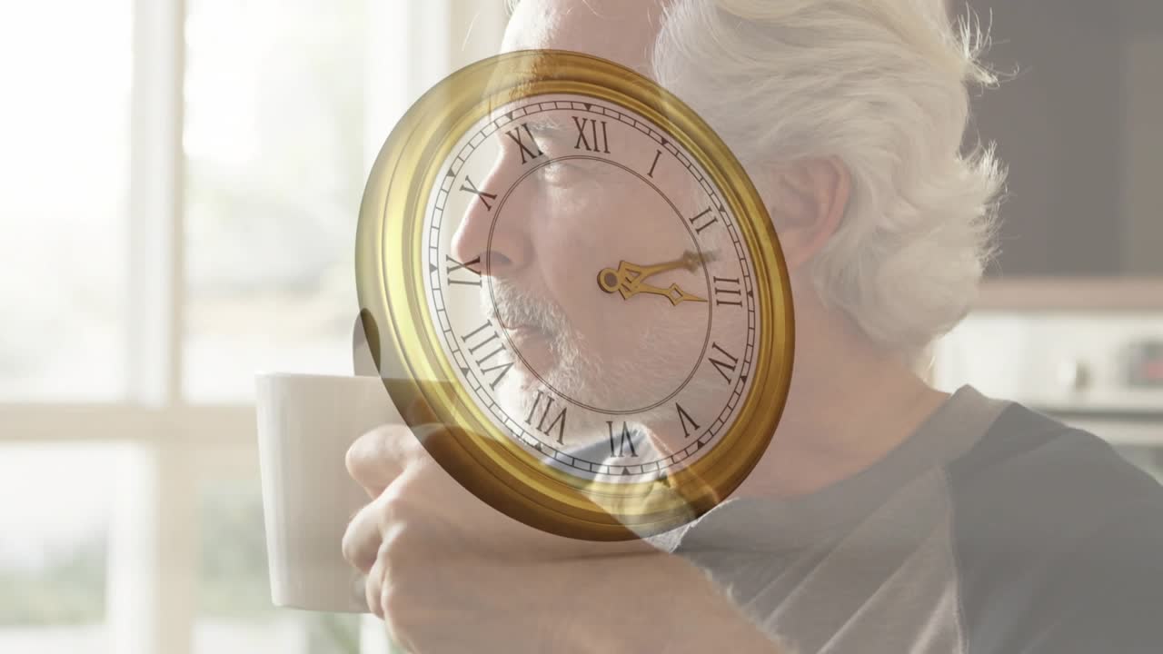 Man raising mug and sipping coffee while clock overlay advancing time showing daily health routine