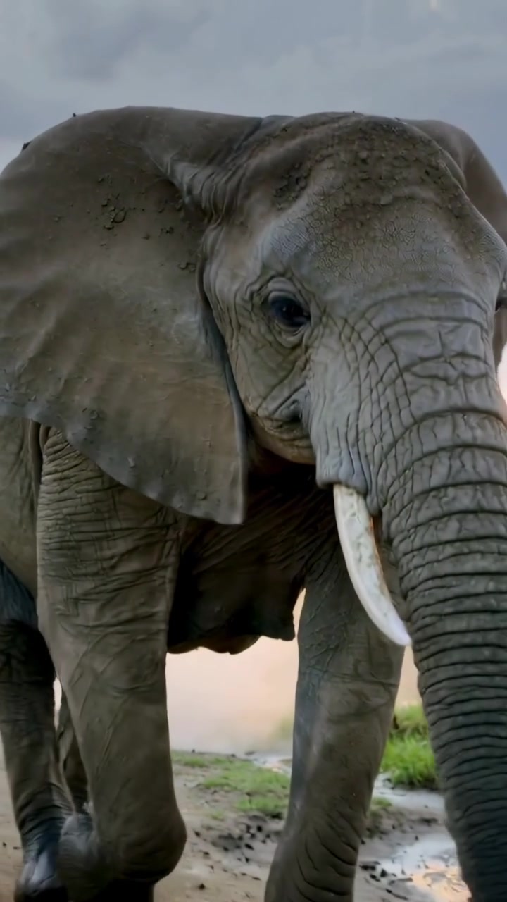 Vídeo vertical: Câmera ampliando mostrando um elefante caminhando para beber em um bebedouro ao anoitecer, presas