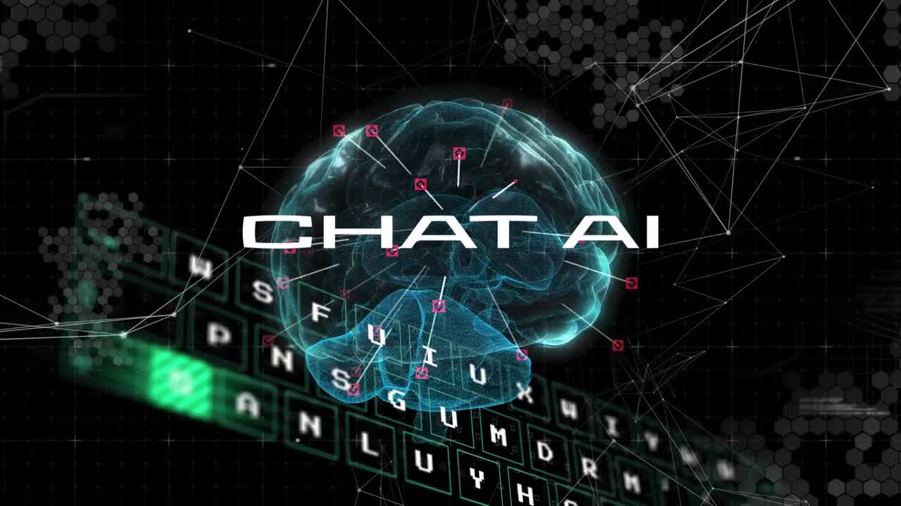 Animation of artificial intelligence text and data processing over human brain