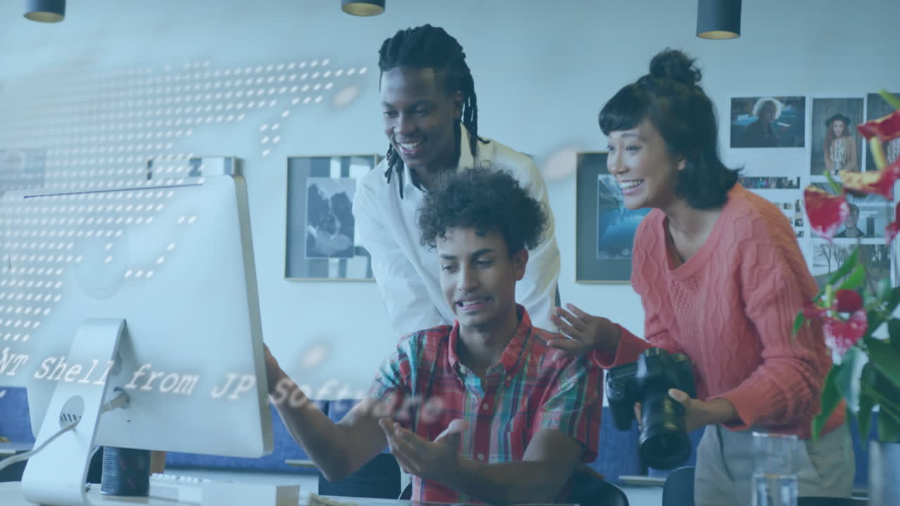 Animation of computer language and map over diverse coworkers sharing ideas on desk in office