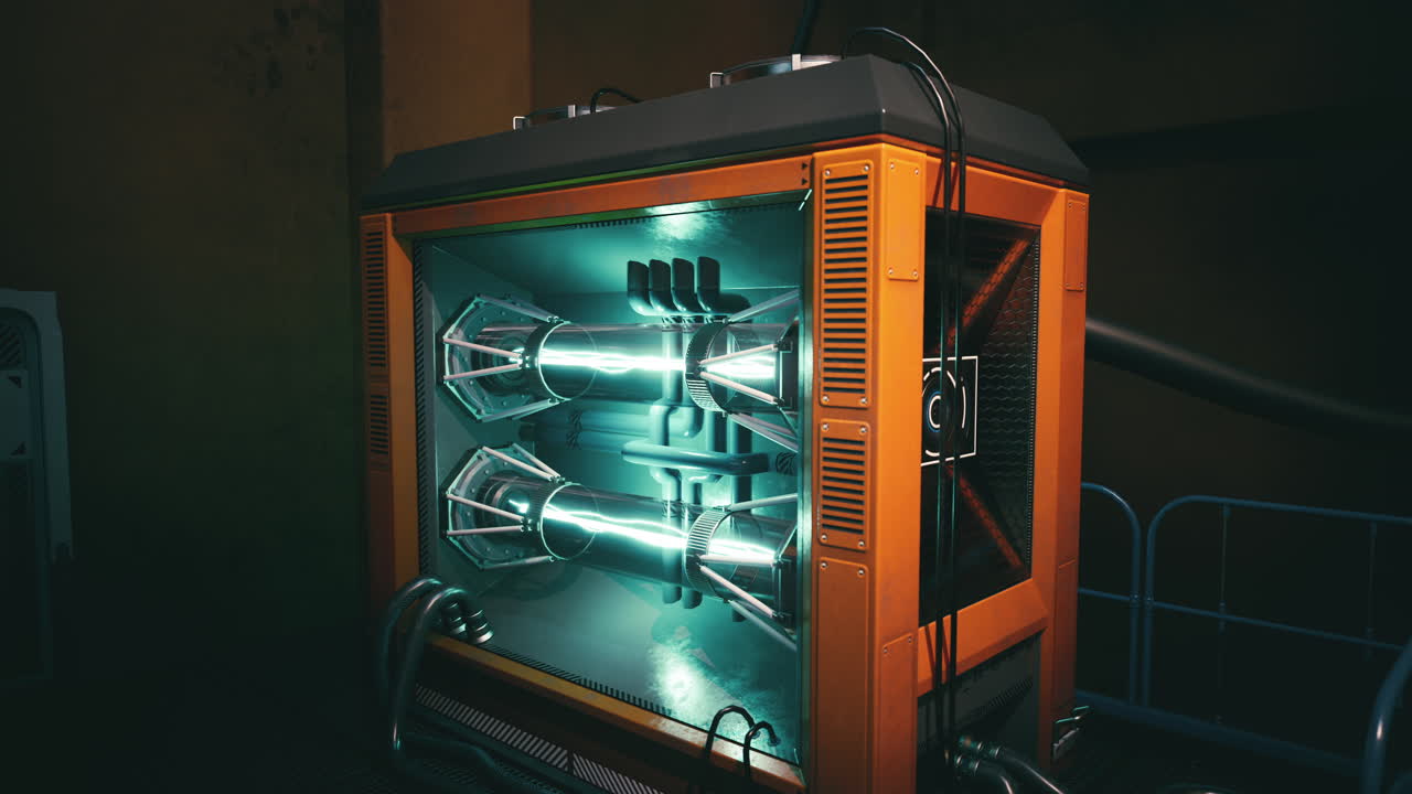 Advanced energy reactor in a futuristic laboratory setting at night