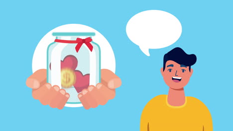 man holding a donation jar with hearts and money