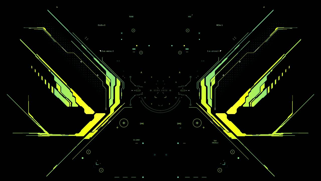 Animated build-up of a complex, symmetrical futuristic interface with yellow and green data displays. Sci-fi HUD for a spaceship cockpit or helmet POV