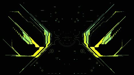 animated build-up of a complex, symmetrical futuristic interface with yellow and green data displays. sci-fi hud for a spaceship cockpit or helmet pov