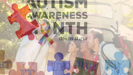 animation of autism awareness month text and puzzle pieces over happy diverse friends