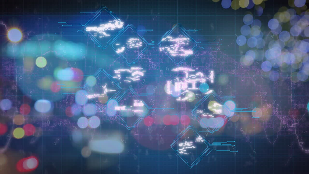 Animation of multiple digital icons over blurred view of night city traffic