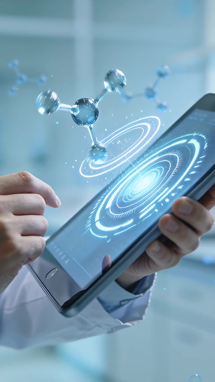 Vertical video: Holding tablet, lab coat hands nearing HUD, rotating molecule for study in lab