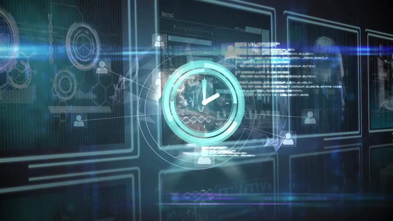 Animation of clock moving over network of connections and screens with scientific data