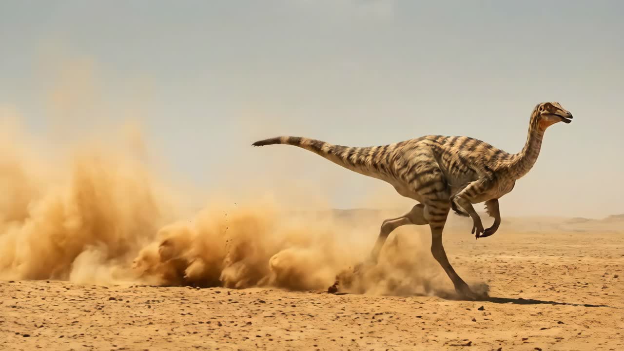 Gallimimus che corre nel deserto