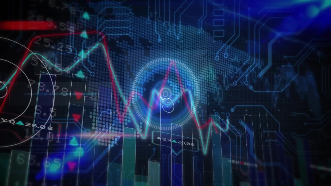 Dashboard starting green red lines sweeping, bars rising, overlays appearing showing data trends