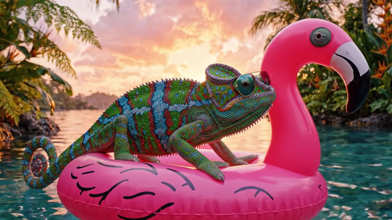 Um Camaleão Colorido Relaxando numa Boia de Piscina de Flamingo Contra um Pôr do Sol Tropical Sereno, Capturado com Detalhes Vibrantes em Dois Quadros de Vídeo Distintos