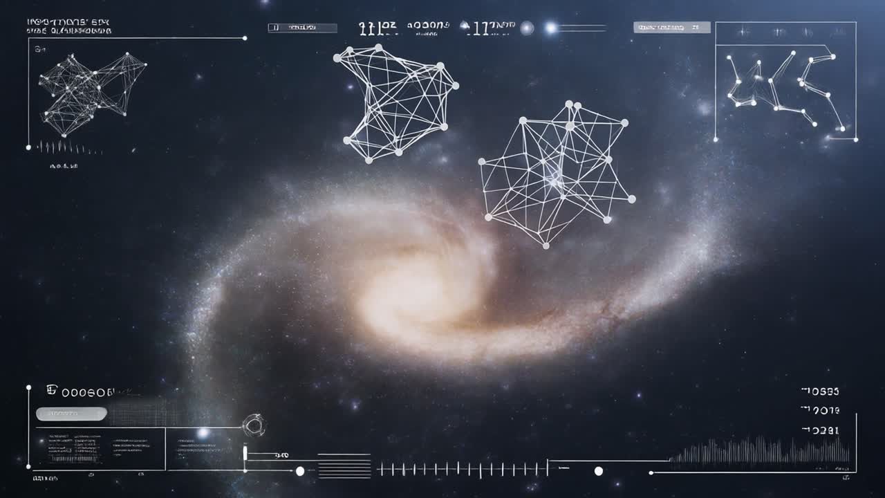 Futuristic User Interface Overlayed on a Rotating Spiral Galaxy