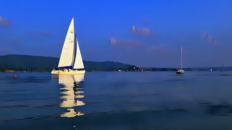 Cartoon-animation-of-small-boat-sailing-at-night-with-dark-blue-sky-with-clouds-and-mountains-in-background