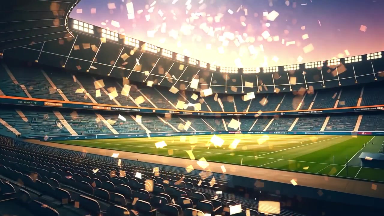 夕暮れ時、照明が灯るスタジアムの座席とサッカーピッチの上を、螺旋状に舞う金色の紙吹雪が漂う。