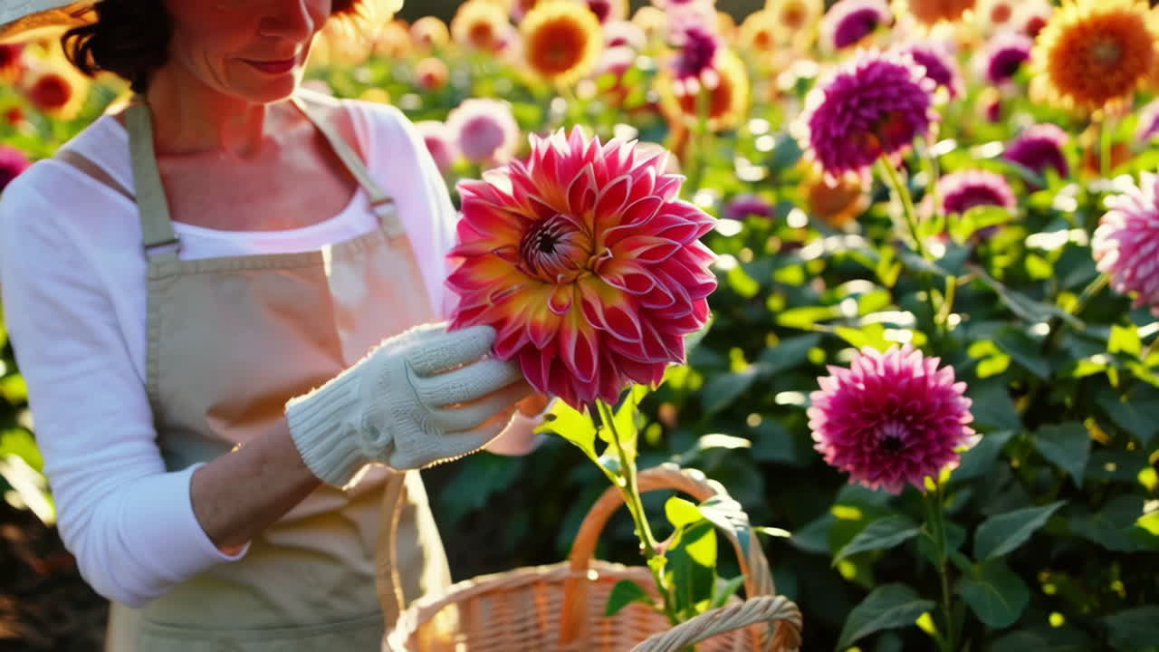 Gardener tending to vibrant dahlias in a sunlit flower field