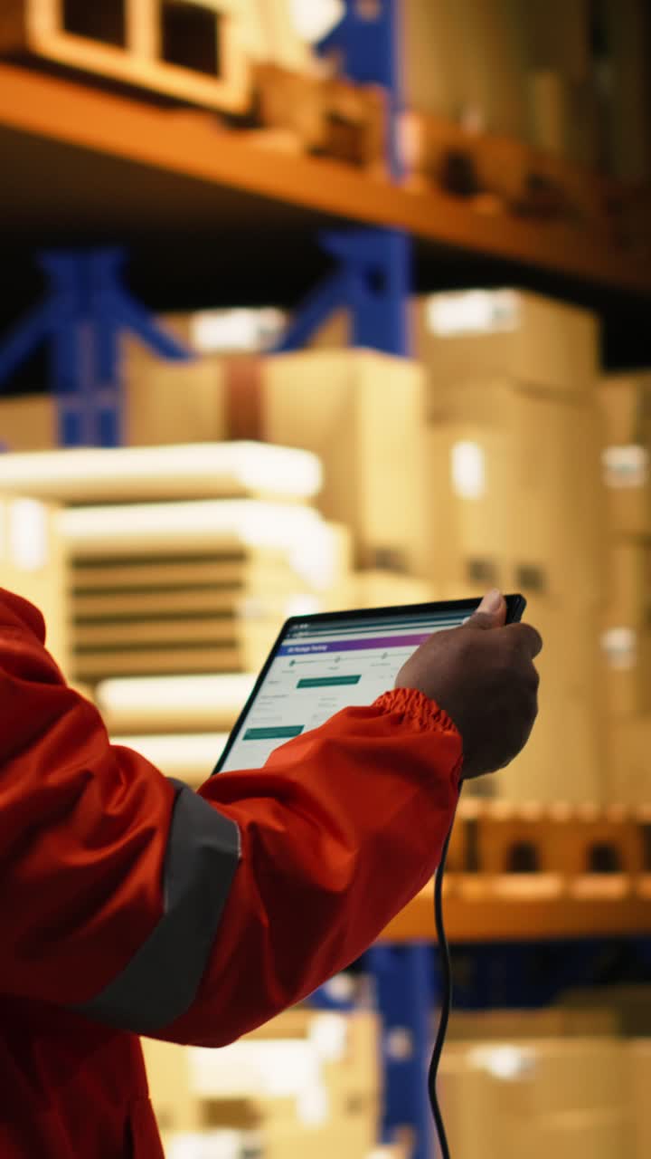 Vertical Video African American Personnel Scanning Barcodes And Shipment Tags On Tablet